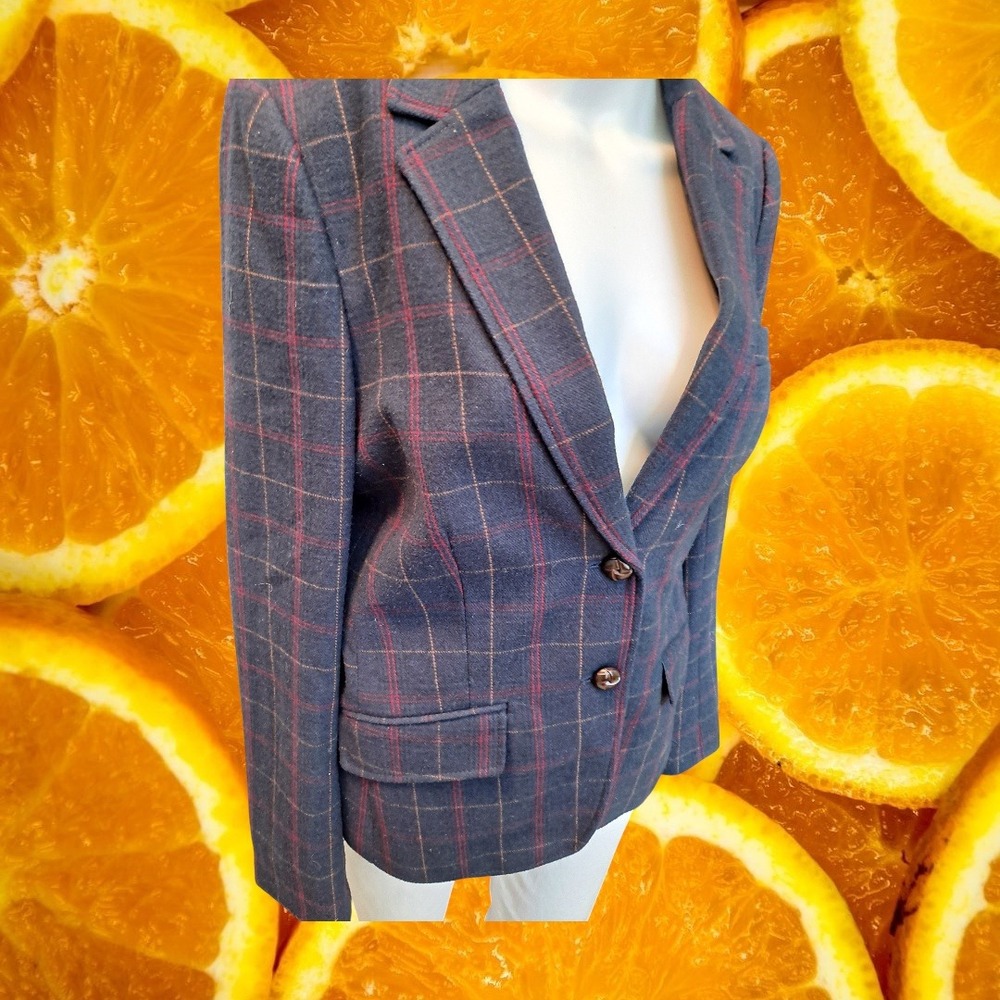 H&M Women's‎ Plaid Blazer Navy Red Wool Blend Button Blazer Size 10